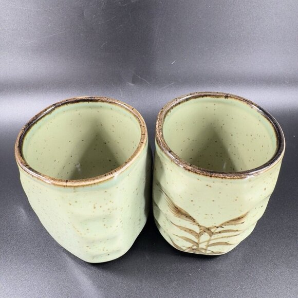 Vintage Oriental Stoneware Pottery Tumbler Drinking Cups Set 2 Light Green Cups - Picture 13 of 13